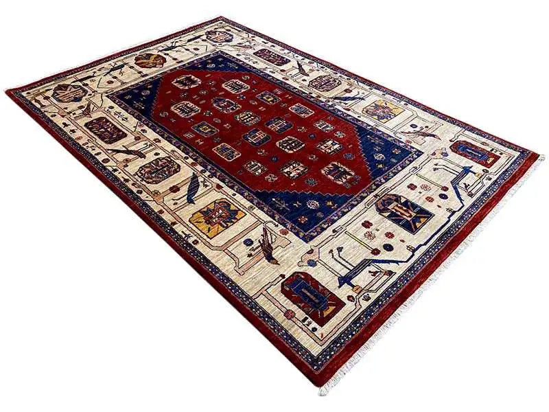 Rectangular oriental rug, red field with blue accents and beige borders
