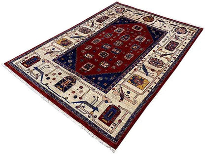 Rectangular Oriental rug with a red center, blue border, and beige patterned sections