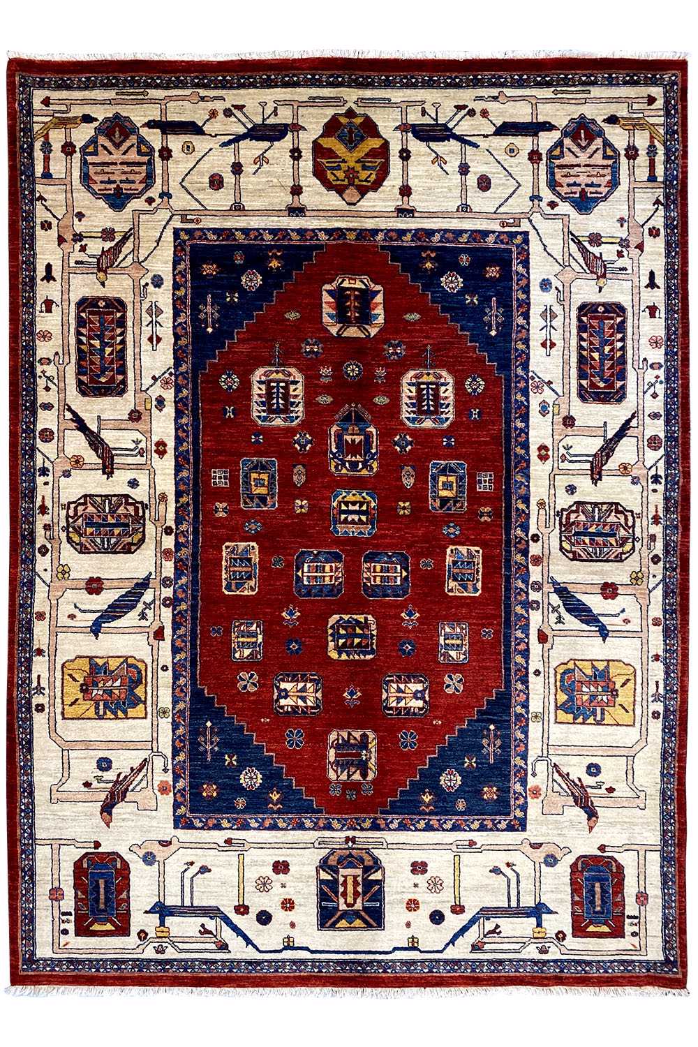 Oriental rug with a red center, blue border, and beige ornamental bands, rectangular