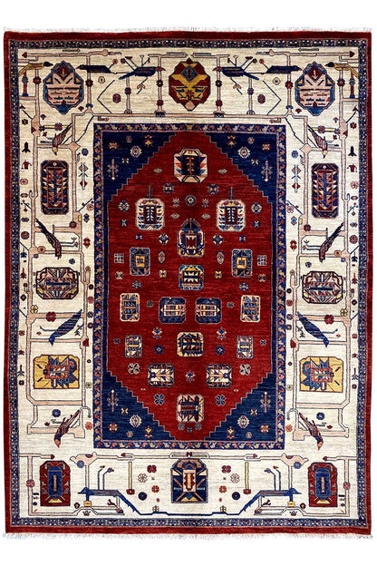 Oriental rug with a red center, blue border, and beige ornamental bands, rectangular