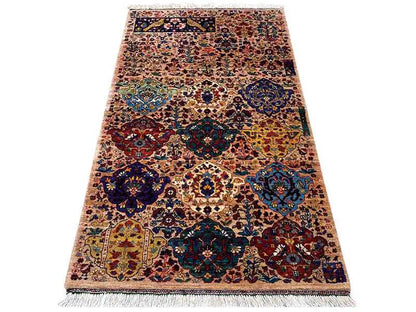Colorful oriental rug with patchwork design and fringes, rectangular