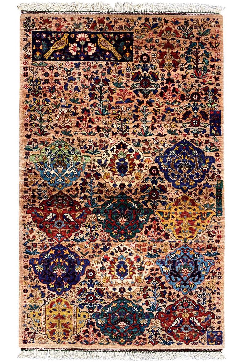 Colorful Oriental rug with a dense ornamental pattern and fringes, rectangular
