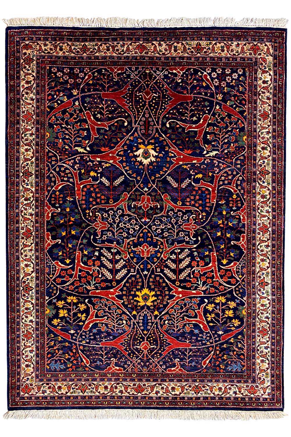 Oriental rug with dark blue and red, central medallion, and fringes