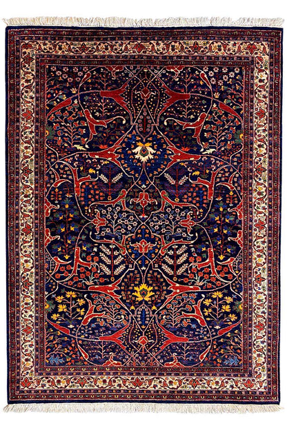Oriental rug with dark blue and red, central medallion, and fringes