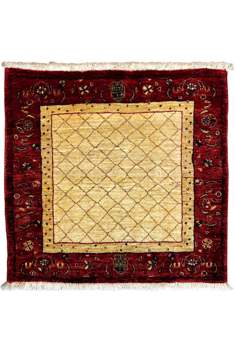 Square rug with a red ornamental border, beige patterned field, and fringes