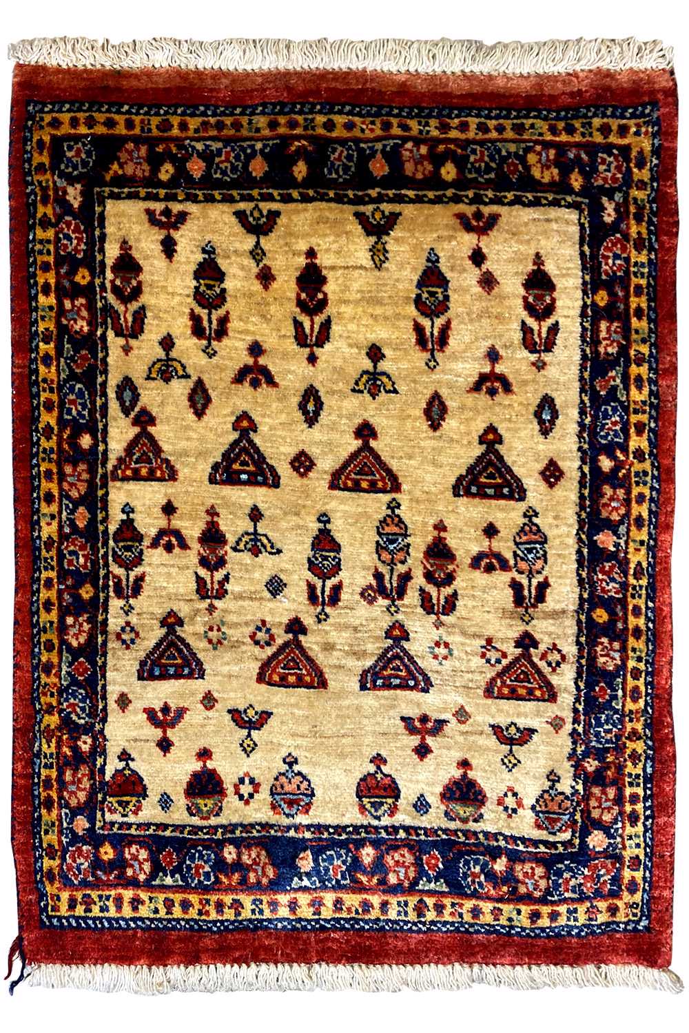 Rug with a beige base, dark border, and colorful embroidered patterns, with fringe along the bottom and sides