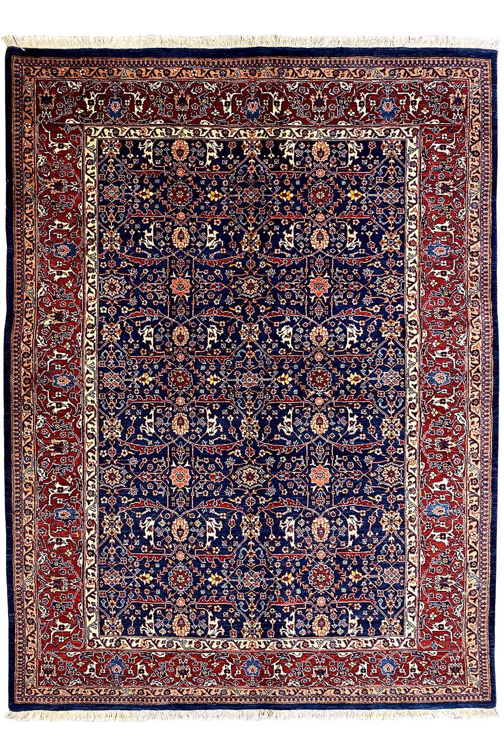 Exclusive Qashqai oriental rug, red border with a blue patterned field, rectangular