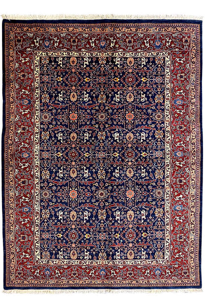 Exclusive Qashqai oriental rug, red border with a blue patterned field, rectangular