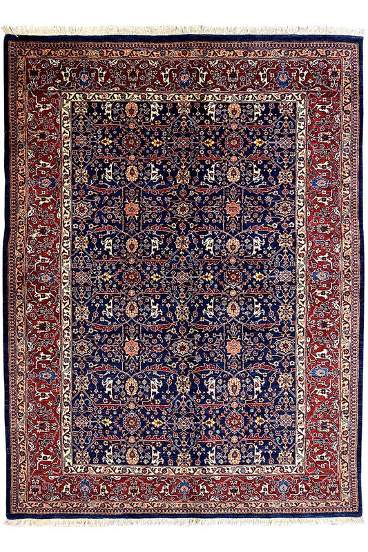 Exclusive Qashqai oriental rug, red border with a blue patterned field, rectangular
