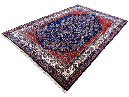 Qashqai exclusive oriental rug laid out, blue ornament field with red border