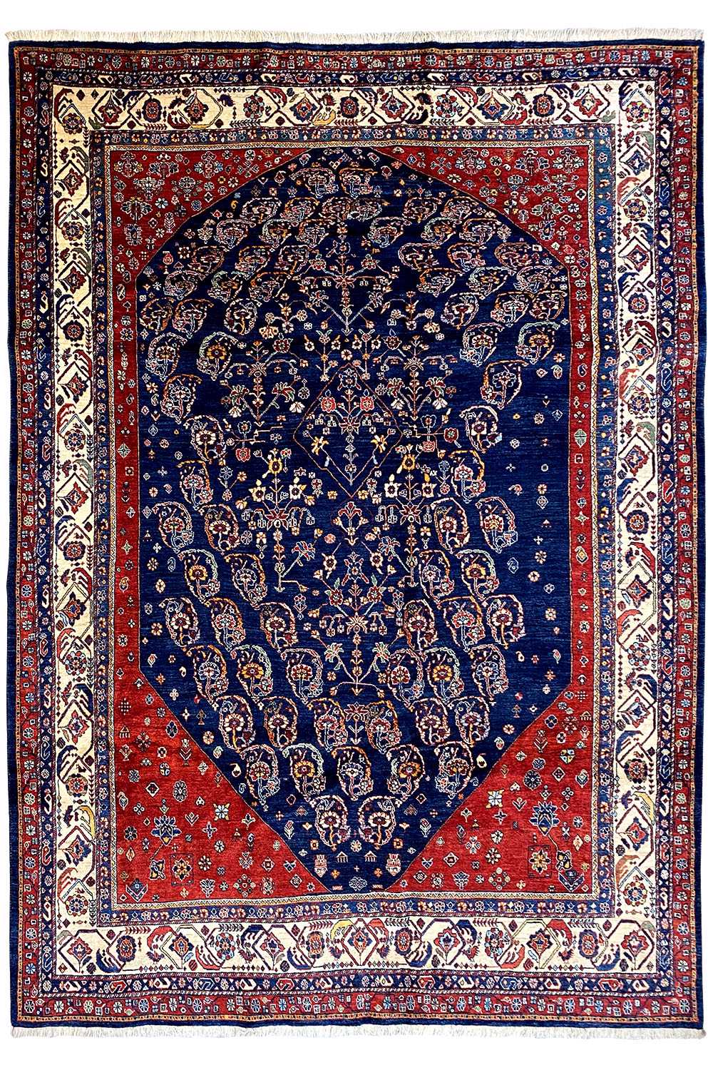 Qashqai exclusive Oriental rug 290x195 cm, blue medallion, red-blue border