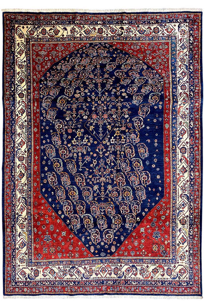 Qashqai exclusive Oriental rug 290x195 cm, blue medallion, red-blue border