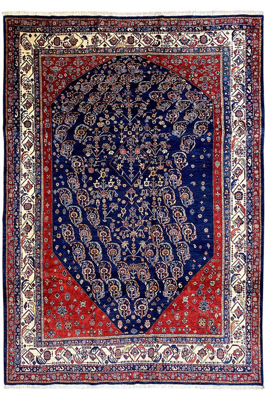 Qashqai exclusive Oriental rug 290x195 cm, blue medallion, red-blue border
