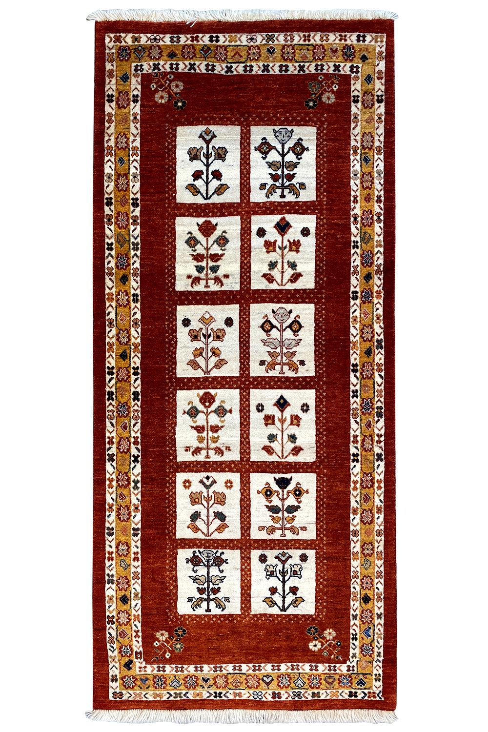 Oriental rug with a red square grid and multicolored ornaments in the fields.
