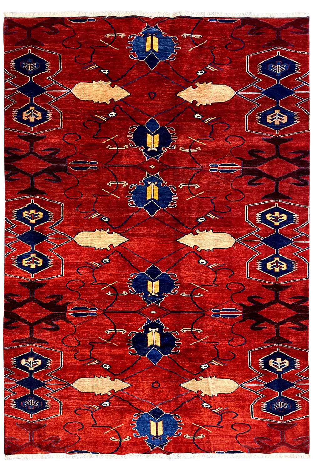 Red rectangular rug with a symmetrical blue and beige ornamental pattern
