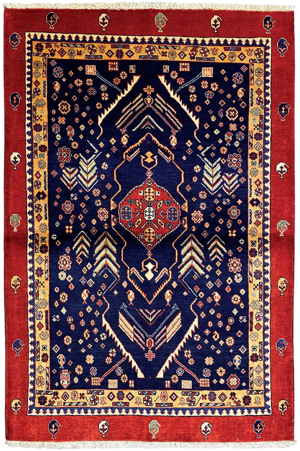Rug with a dark blue field, red border, and central heraldic medallion design.