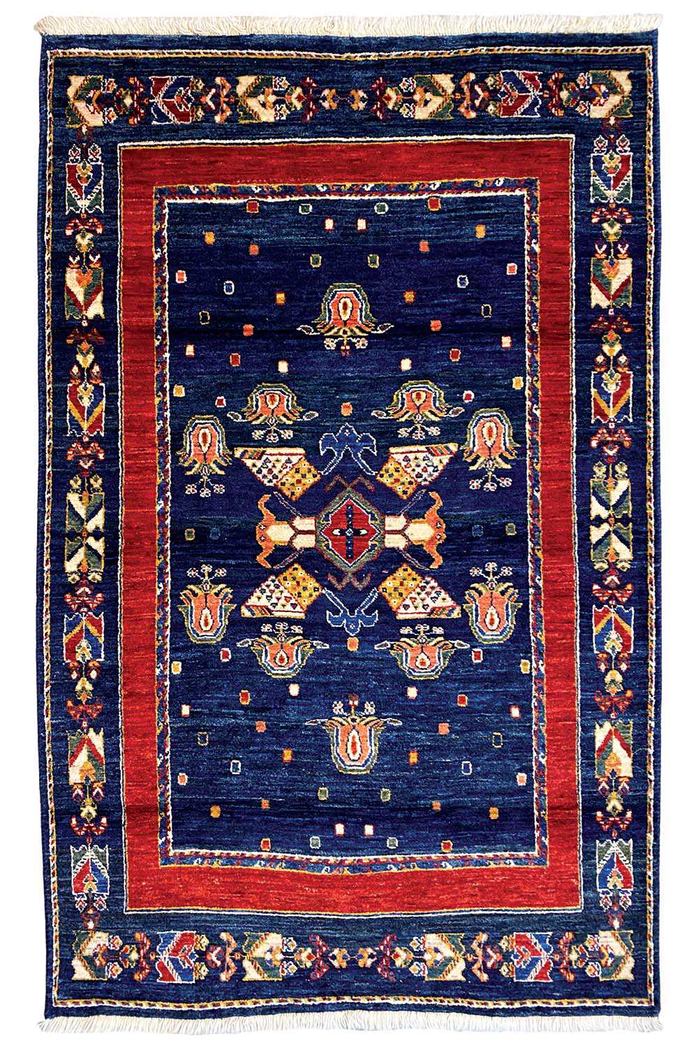 Rug: dark blue with a red inner border, symmetrical medallion and border pattern