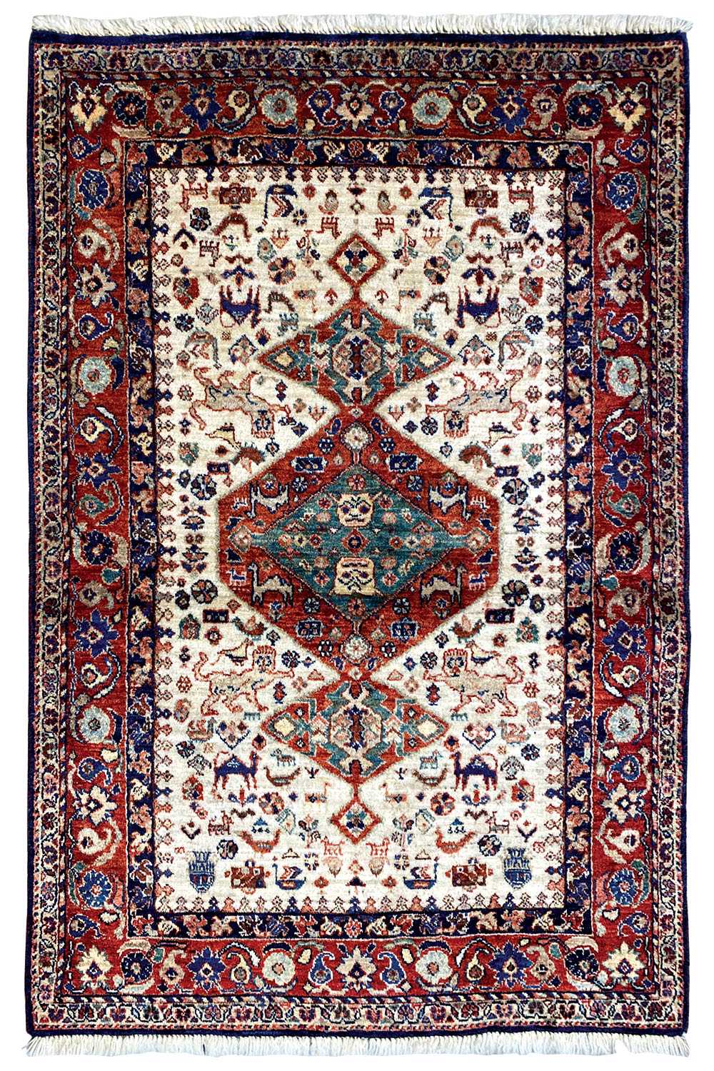 Carpet with a cream-colored ground, red central medallion, and dark blue border