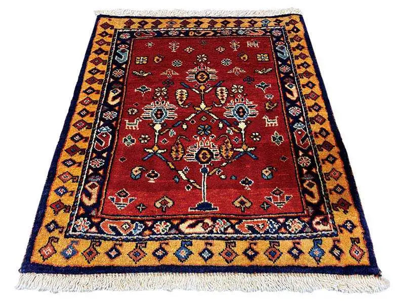 Oriental rug 60x51 cm, red floral ornament, dark blue border frame and fringes