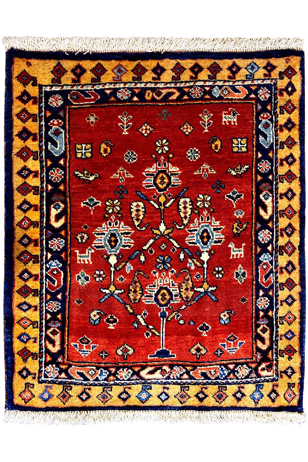 Square Oriental rug 60x51 cm, red pattern with a blue border and fringes