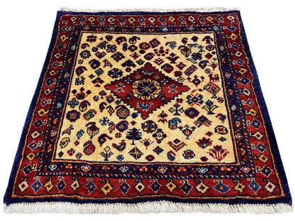 Qashqai exclusive rug with a red border, beige central field, and fringes