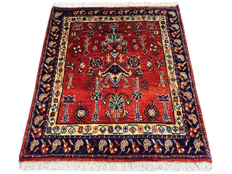 Red rug with a blue border and ornamental medallion, square, with fringes