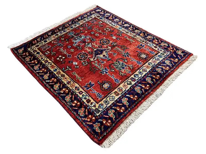 Red rug with a floral ornamental pattern, dark blue border, and fringes