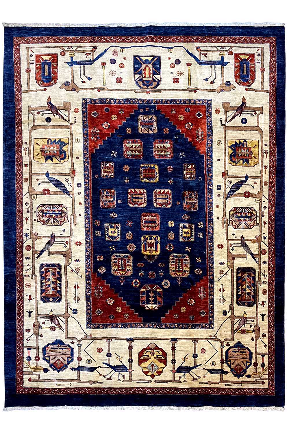 Oriental rug with a blue center, large border ornaments, and a cream-colored edging