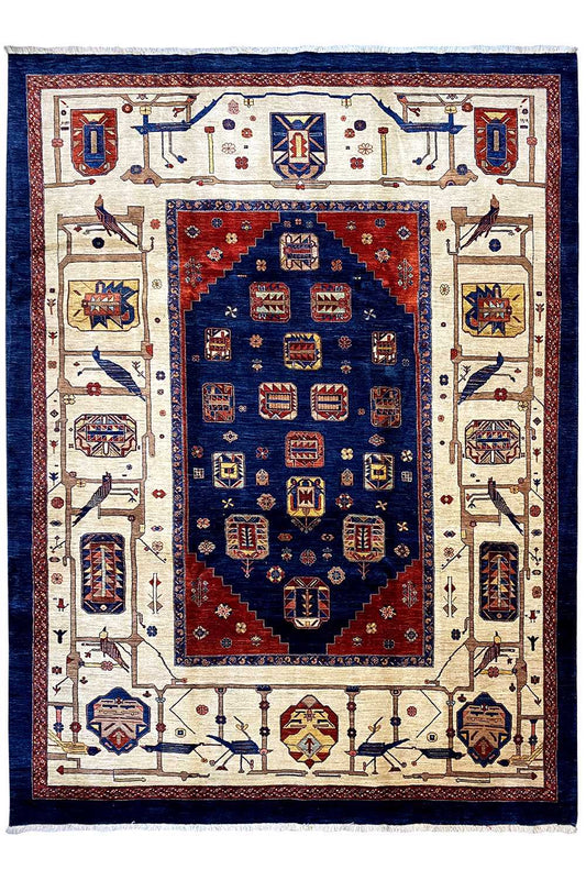 Oriental rug with a blue center, large border ornaments, and a cream-colored edging