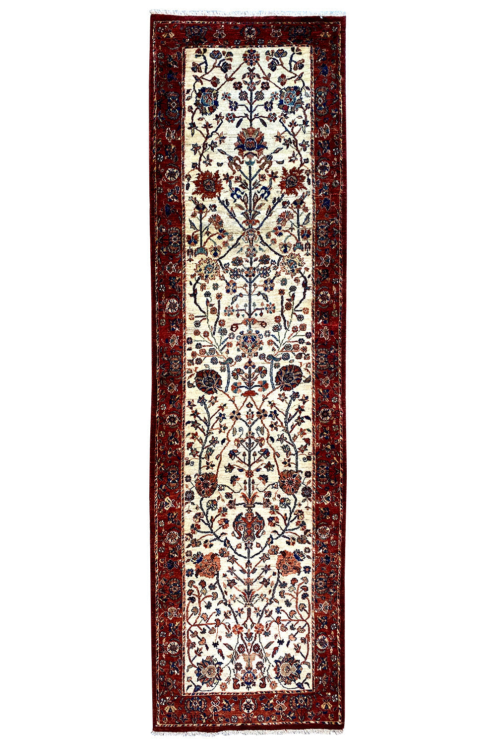 Oriental rug with medallion design, red border, and multicolored ornamental pattern