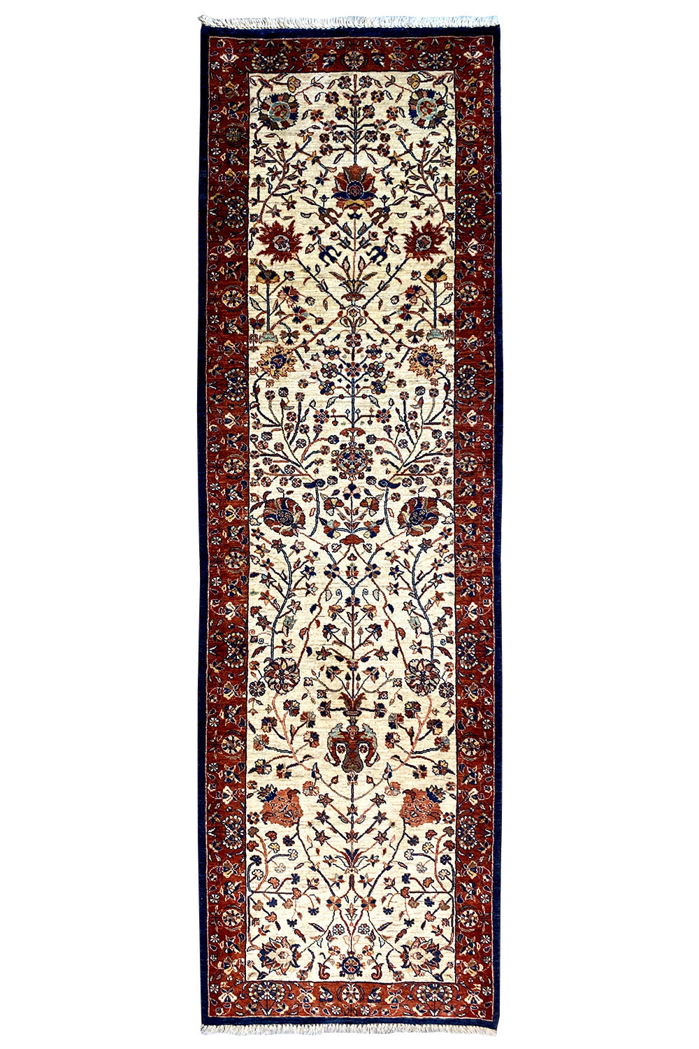 Qashqai exclusive rectangular rug, cream-colored with red-and-blue ornament and border