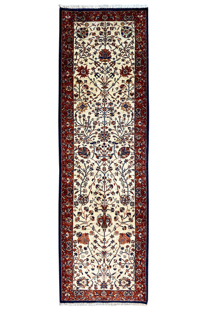 Qashqai exclusive rectangular rug, cream-colored with red-and-blue ornament and border