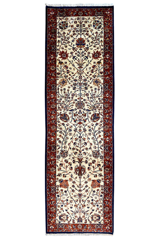 Qashqai exclusive rectangular rug, cream-colored with red-and-blue ornament and border