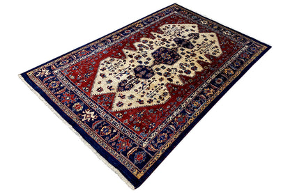 Qashqai exclusive oriental rug, diagonal: red field with cream pattern and blue border