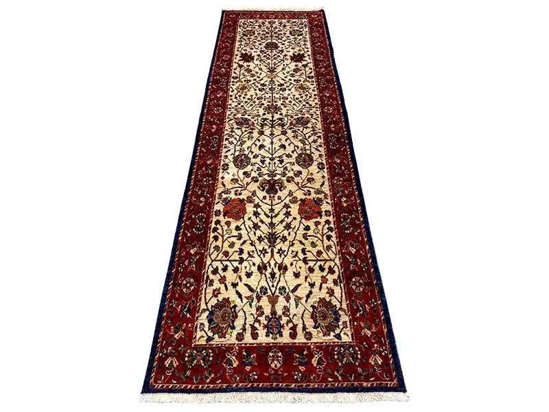Oriental rug runner, cream-colored central field with a dark red ornamental border