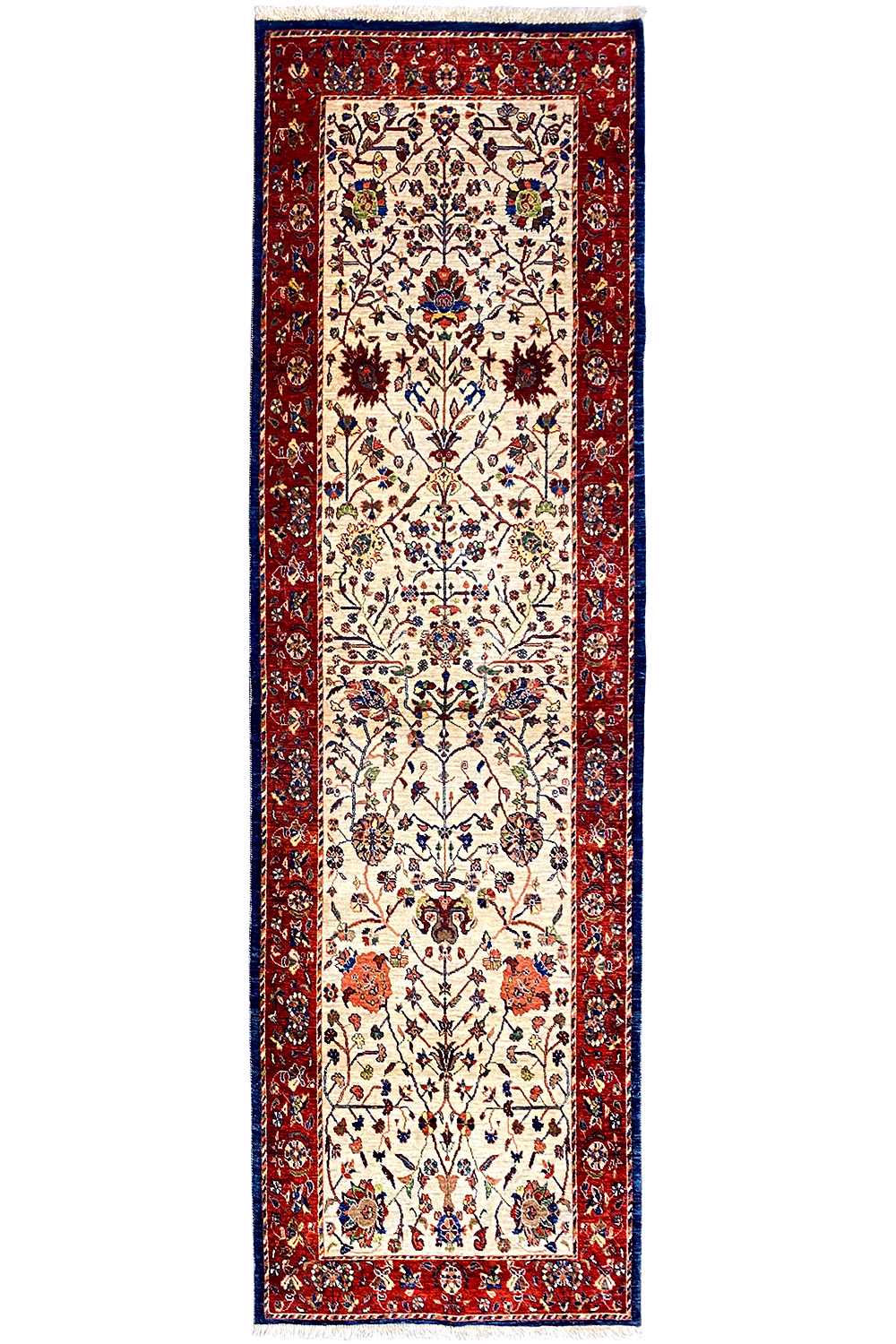 Oriental rug runner with a red border, cream-colored central field, and tile ornaments