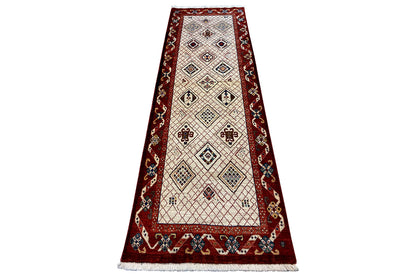 Exclusive Qashqai oriental rug, white-beige center with red border pattern, fringes