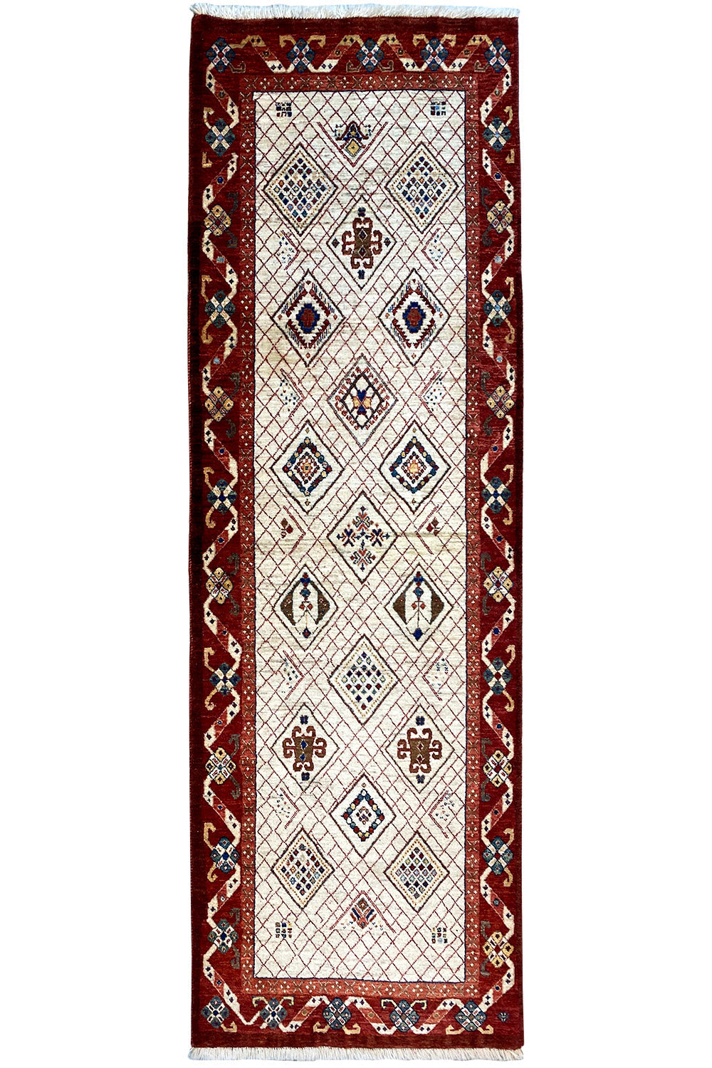 Oriental runner Qashqai Exclusive with a white field, red border and diamond pattern, fringes