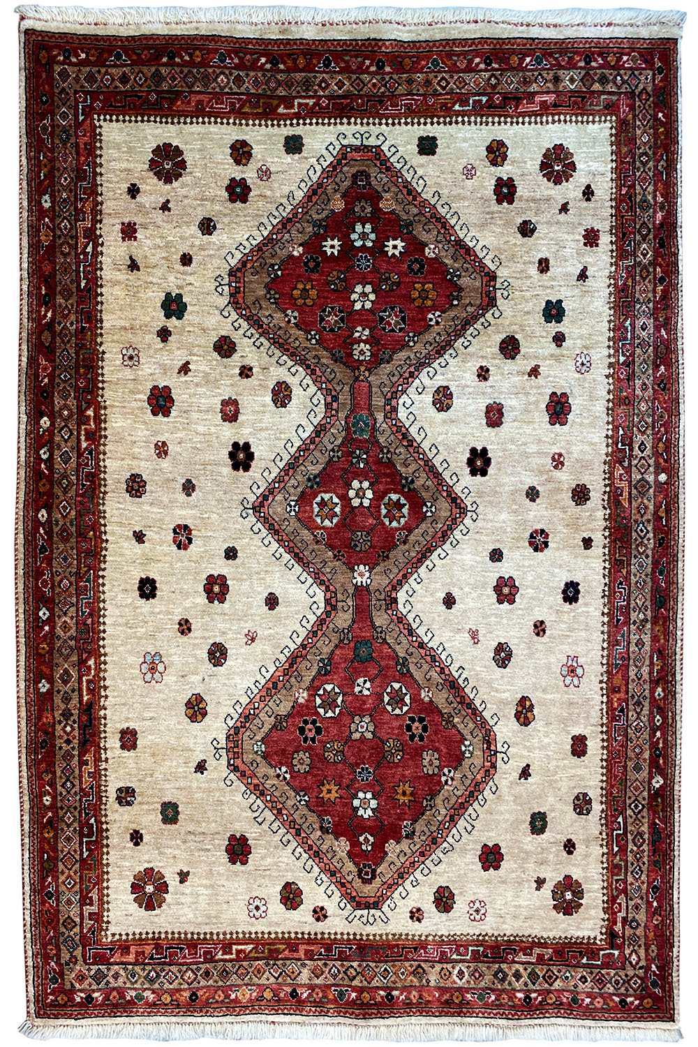 Beige rug with a red runner motif and small ornaments, front view