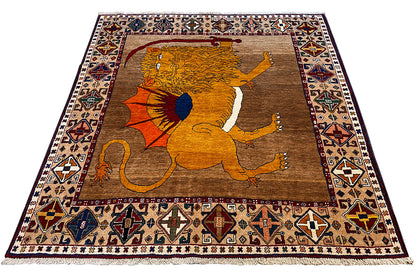 Qashqai exclusive rug 175x166 cm, central lion motif, colorful decorative border