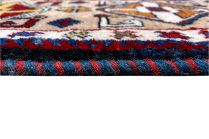 Rug edge with multicolored trim and braided fringes