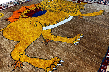 Qashqai exclusive carpet, detail of the lion motif in yellow, blue and brown