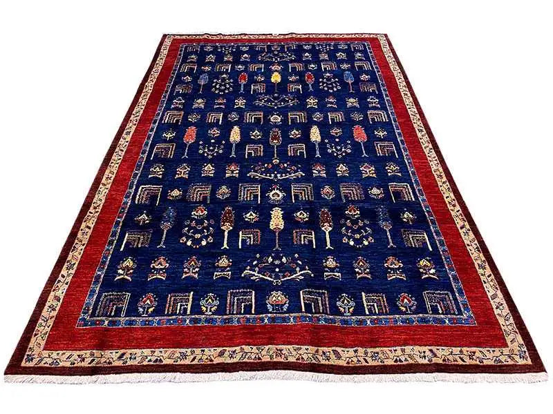 Oriental rug, rectangular: blue with a red border, distinct small ornaments