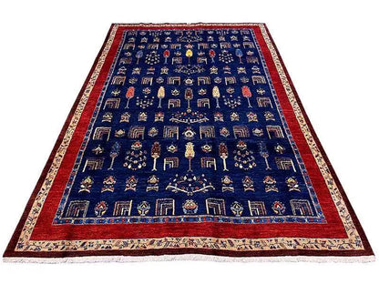 Oriental rug, rectangular: blue with a red border, distinct small ornaments
