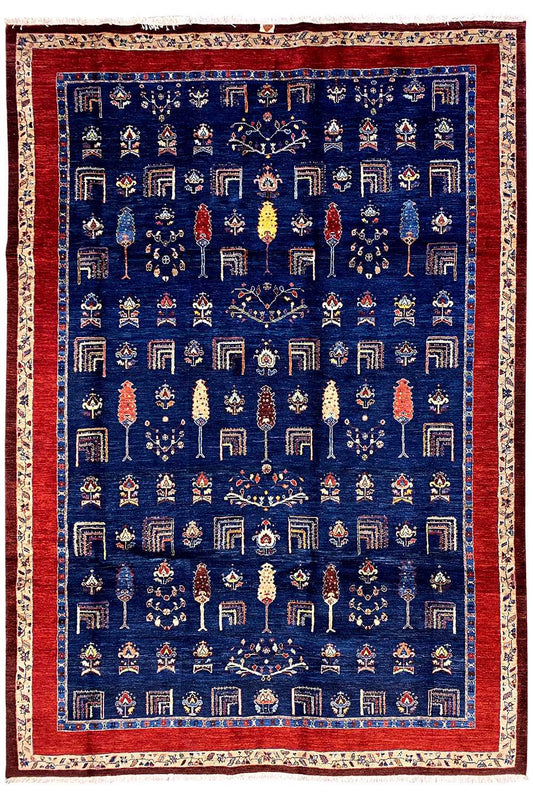 Oriental rug, rectangular: blue medallion pattern with a red border and white trim