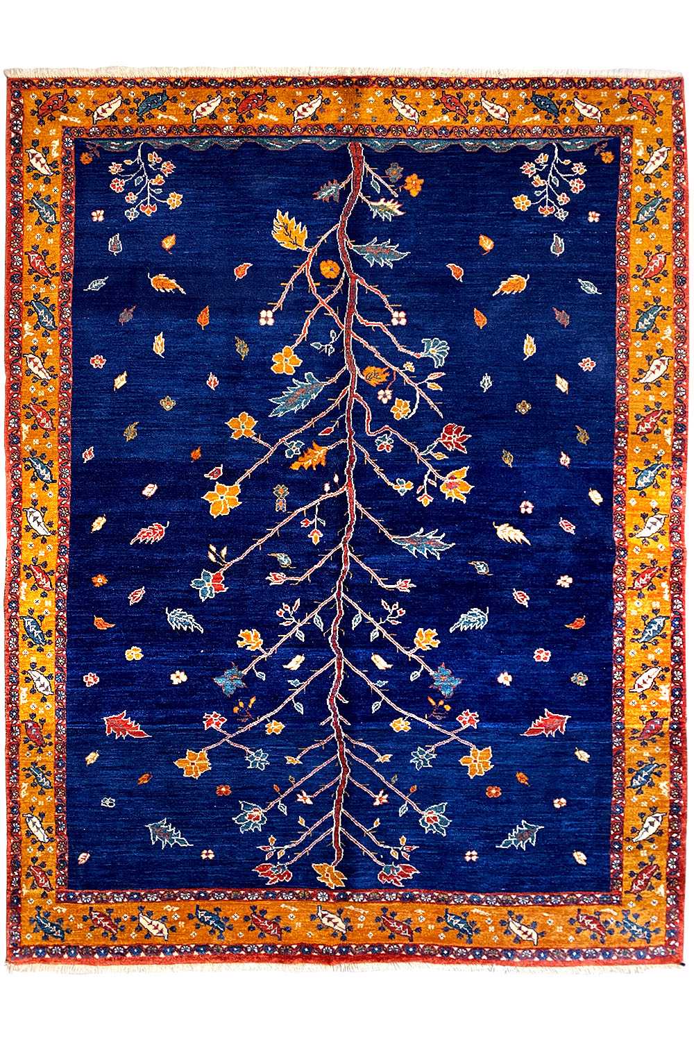 Rectangular Oriental rug: dark blue with a gold-orange border and delicate tree motif