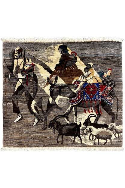 Rug 78x77 cm with an oriental equestrian scene, brown-beige pattern and fringes