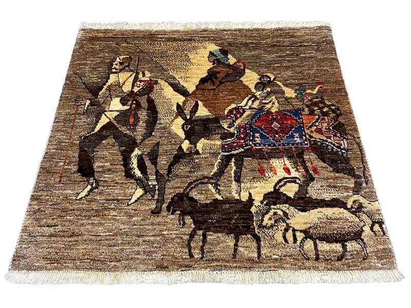 Qashqai exclusive rug with animal motifs, beige-brown base color, and colorful details