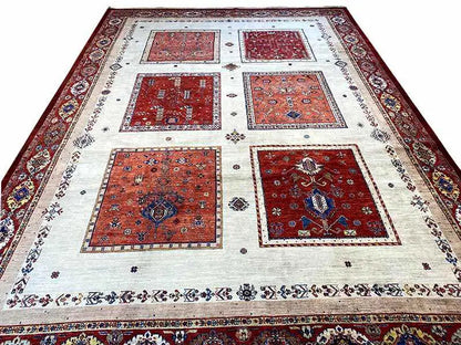 Rug with a light beige ground and eight red and blue tile medallions