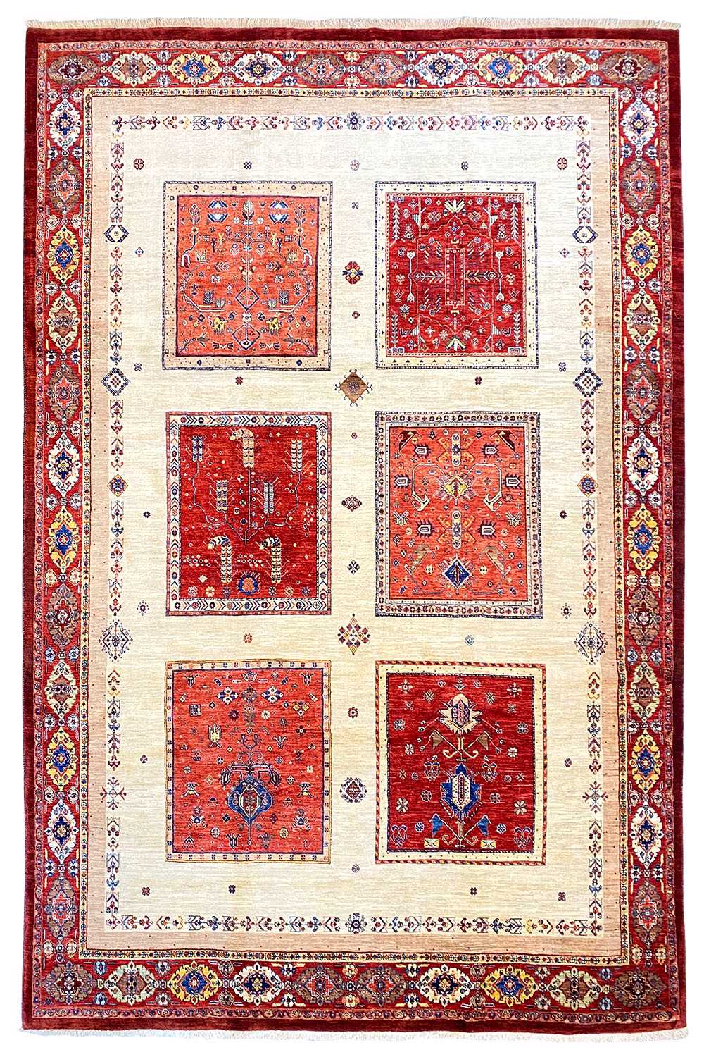Rug with a red border, light beige field, and several red and blue medallions